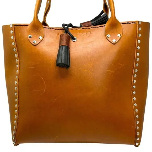 Jaxy Blue Medium Leather Tote Bag Brown Handmade Studded Western Tassel Pocket - Picture 3 of 14
